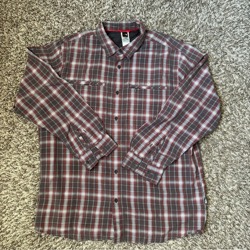 The North Face Men's Burgundy and Gray Plaid Button-Down Shirt